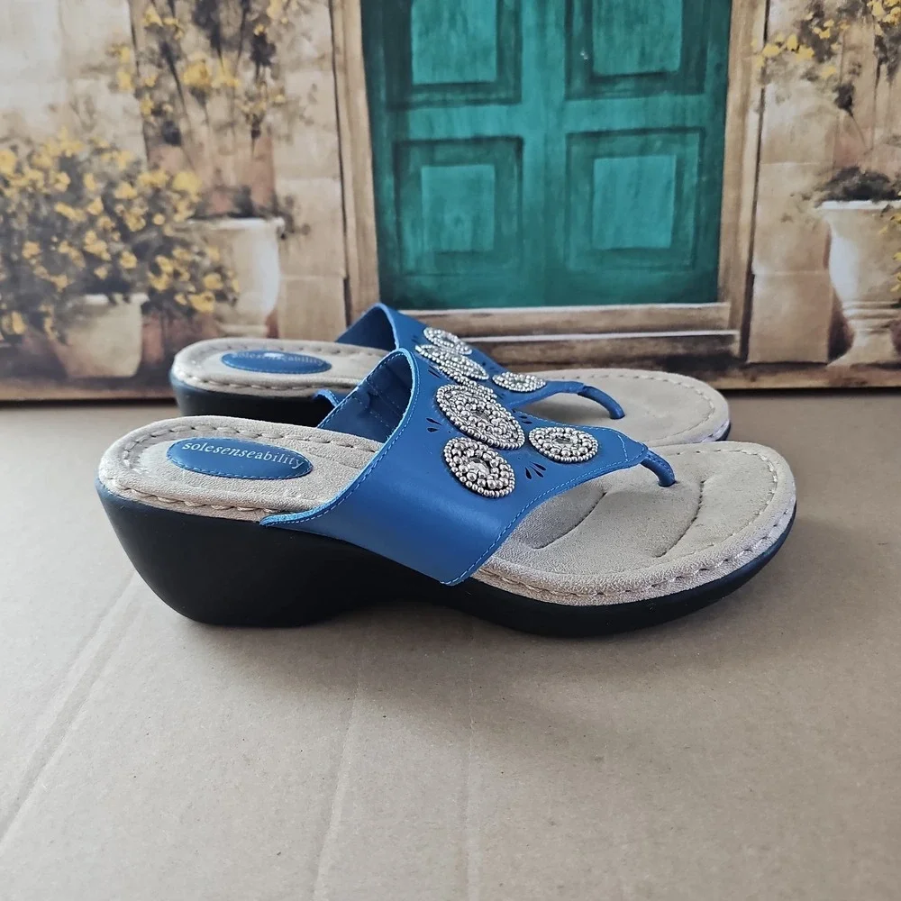Sole Senseability Wedge Blue Embellished Sandals Women Size 9.5
